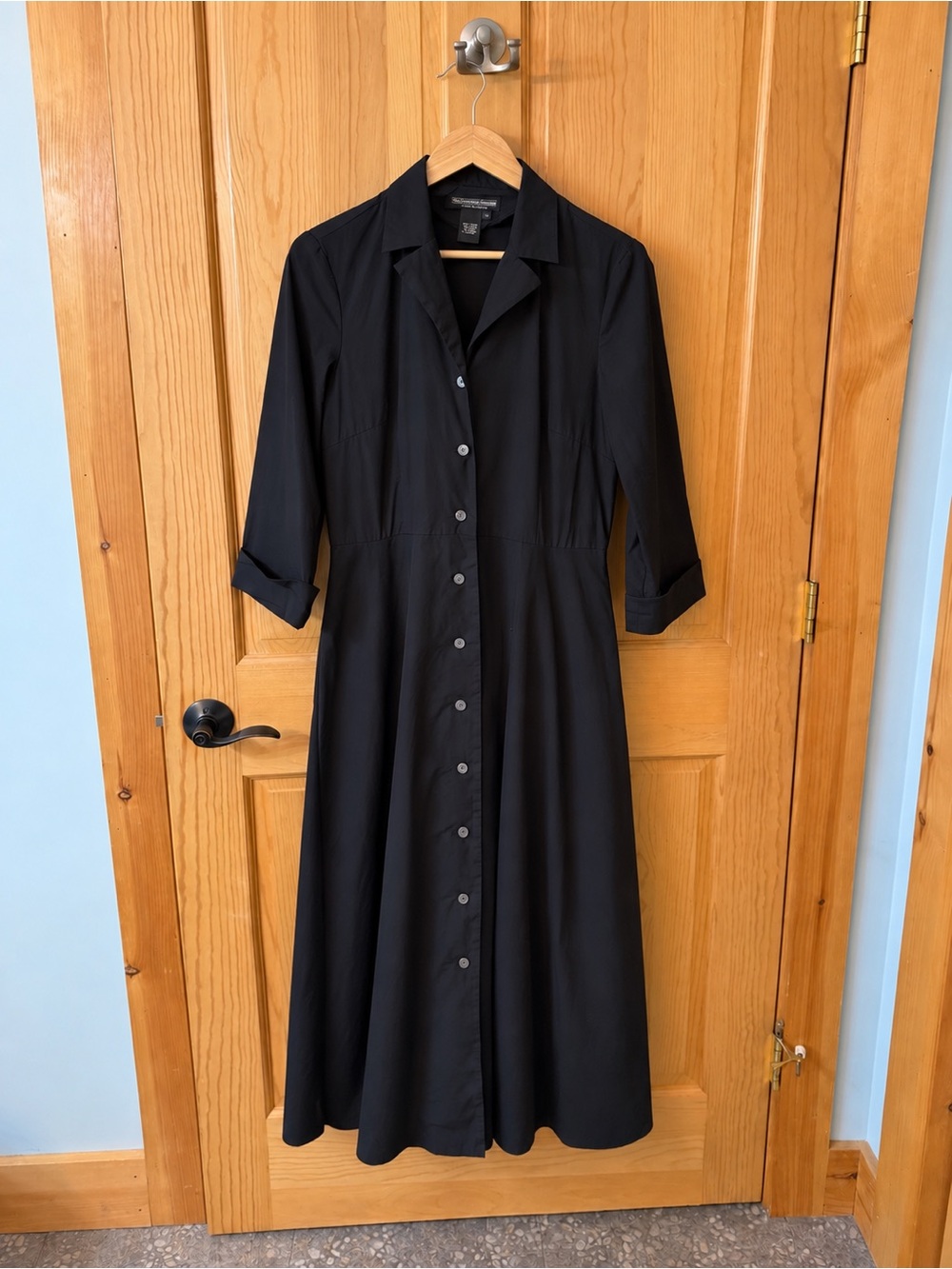 J. Peterman Black Cotton Button Front A-Line Shirt Dress Size 14